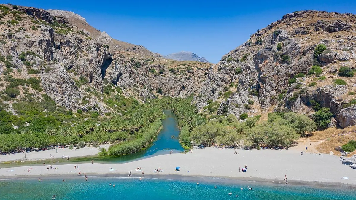 Vue aérienne de la plage de Preveli devant le canyon et la palmeraie